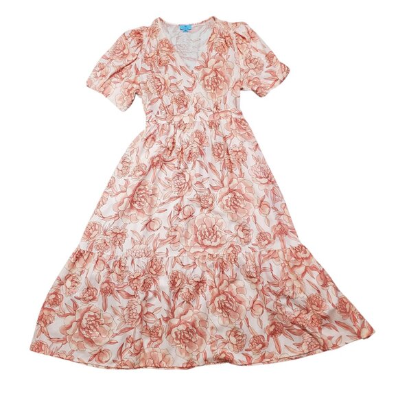 CeCe Linen Floral Peach White Belted Flowy Pink Cream V Neck Maxi Dress - XL - Picture 3 of 9